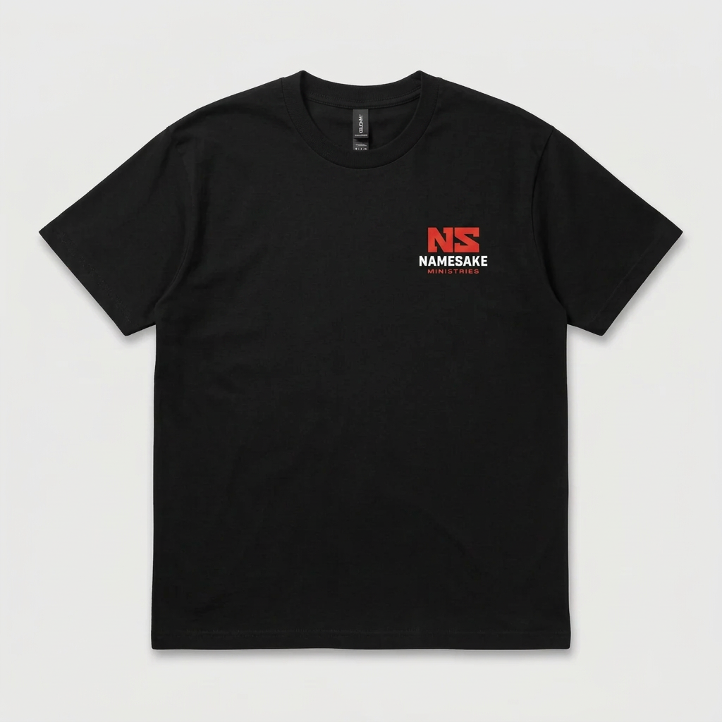 Front of black Namesake Ministries t-shirt