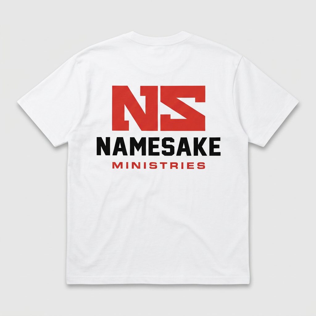 Back of white Namesake Ministries t-shirt