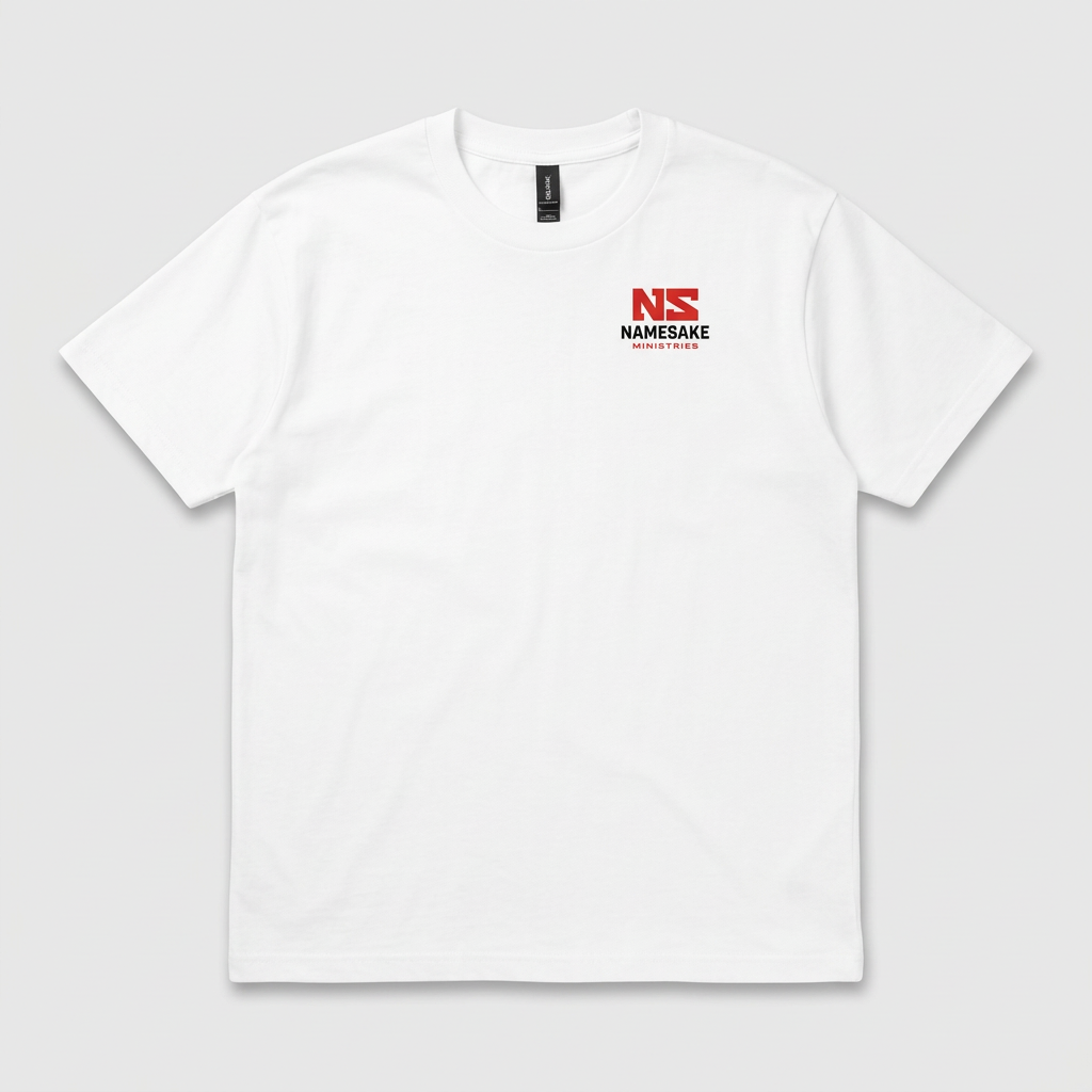 Front of white Namesake Ministries t-shirt